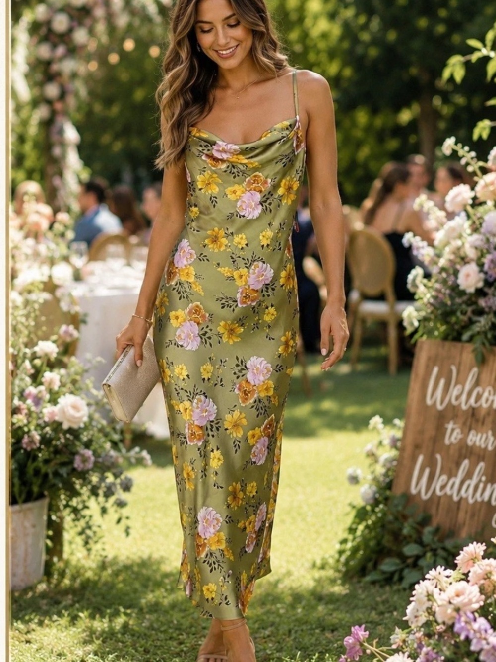 BEBE Floral Satin Midi Slip Dress Green Size Medium - Picture 2 of 7
